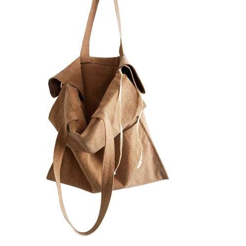 (sale) cotton shirring bag-camel